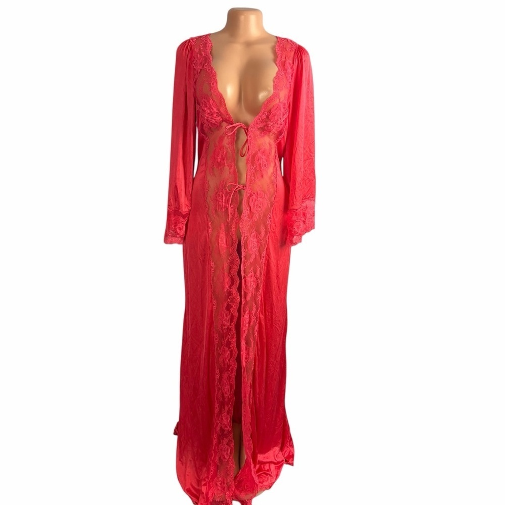 Vintage 70s 80s Pink Jenelle of California Victorian Lingerie Lace Long Robe